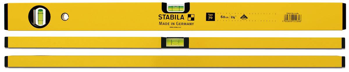 A yellow Stabila spirit level with two vials for precise alignment. The text 'Made in Germany' is printed on the spirit level.