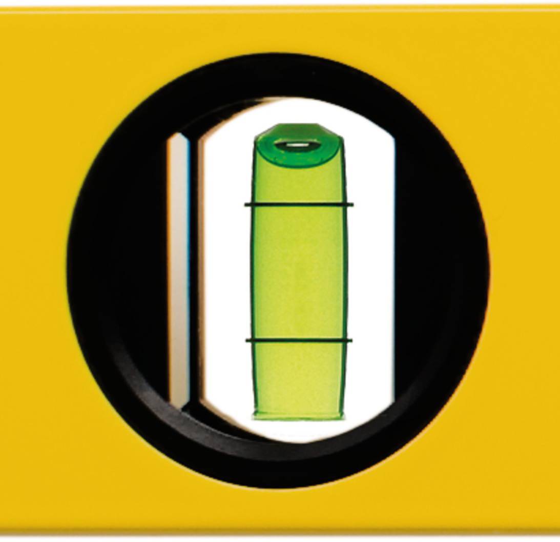 A spirit level with a yellow base shows a perfectly aligned bubble, indicating that the surface is horizontally level.