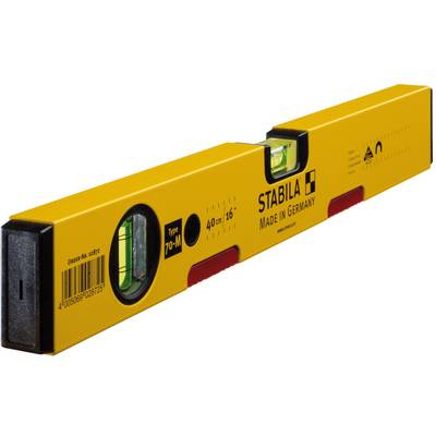 Yellow spirit level with 'STABILA Made in Germany' printed on it. Shows a bubble vial and is designed for precise levelling.