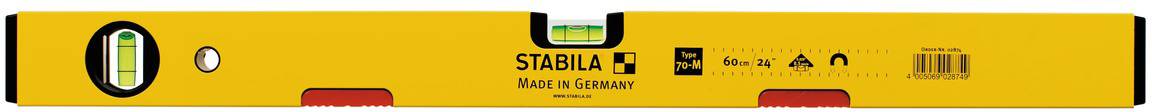 Spirit level with a yellow casing, central bubble, 'Stabila' brand, manufactured in Germany, indicates horizontal alignment.
