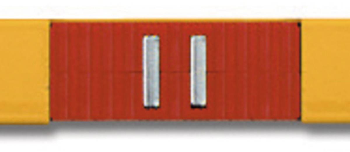 A spirit level with a yellow and red casing, two silver vials for levelling. Primarily used for construction work.