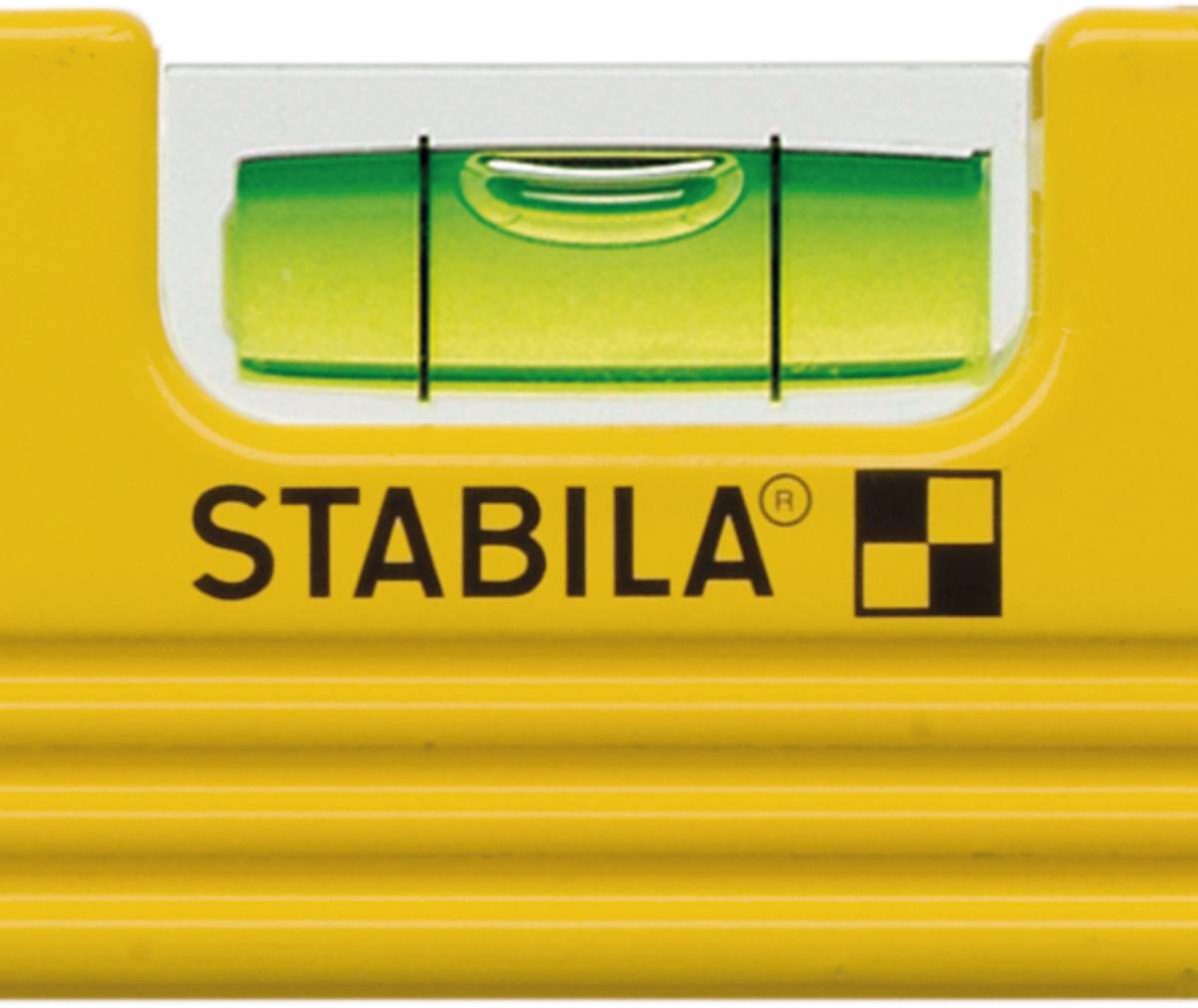 Yellow spirit level from Stabila with visible, centred bubble vial.