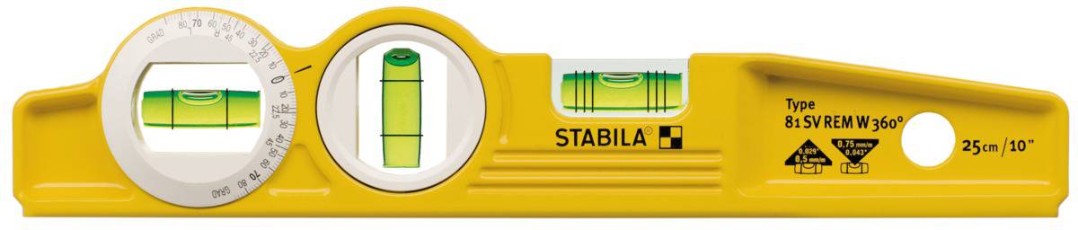Spirit level with a yellow casing, featuring three vials for horizontal, vertical and 45-degree measurements, by Stabila.