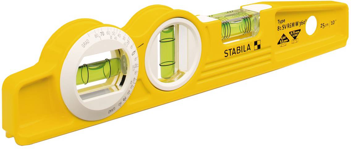 Yellow spirit level with two vials for measuring angles and a rotatable angle gauge. Ideal for precise alignment.