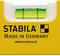 Spirit level with a yellow casing, marked with 'Stabila Made in Germany'. A green vial indicates the horizontal alignment.