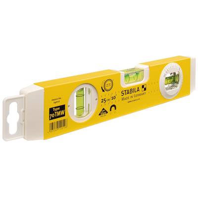 Spirit level made of yellow plastic, 25 cm long, with two vials, brand name 'Stabila', Made in Germany.