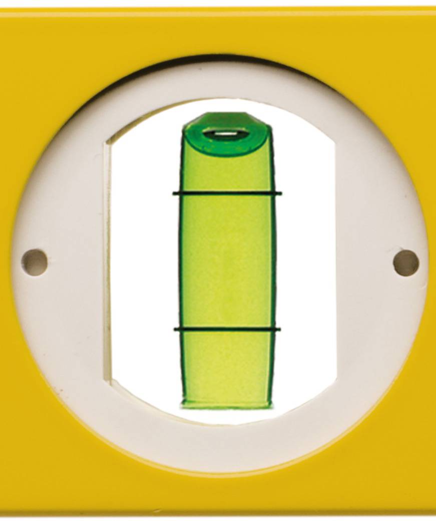 Yellow spirit level with a green vial in the centre, with its bubble positioned between two alignment markers.
