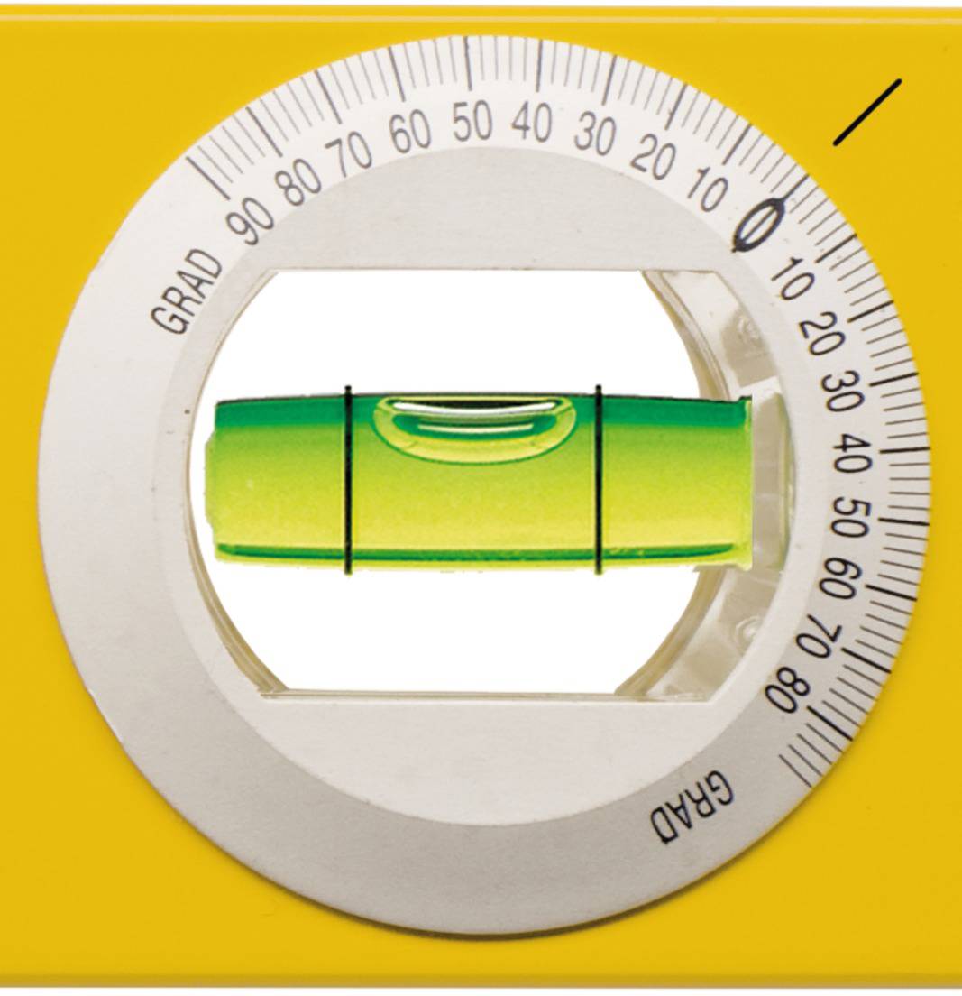 Spirit level in a yellow case with a degree scale. Its bubble is centred, indicating precise levelling.