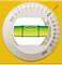 Spirit level in a yellow case with a degree scale. Its bubble is centred, indicating precise levelling.