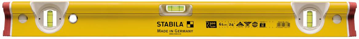Yellow spirit level with three vials, brand name and country of origin stamp 'Made in Germany' on the front.