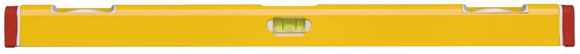 Yellow spirit level with two red ends and a central bubble vial for checking horizontal alignment.
