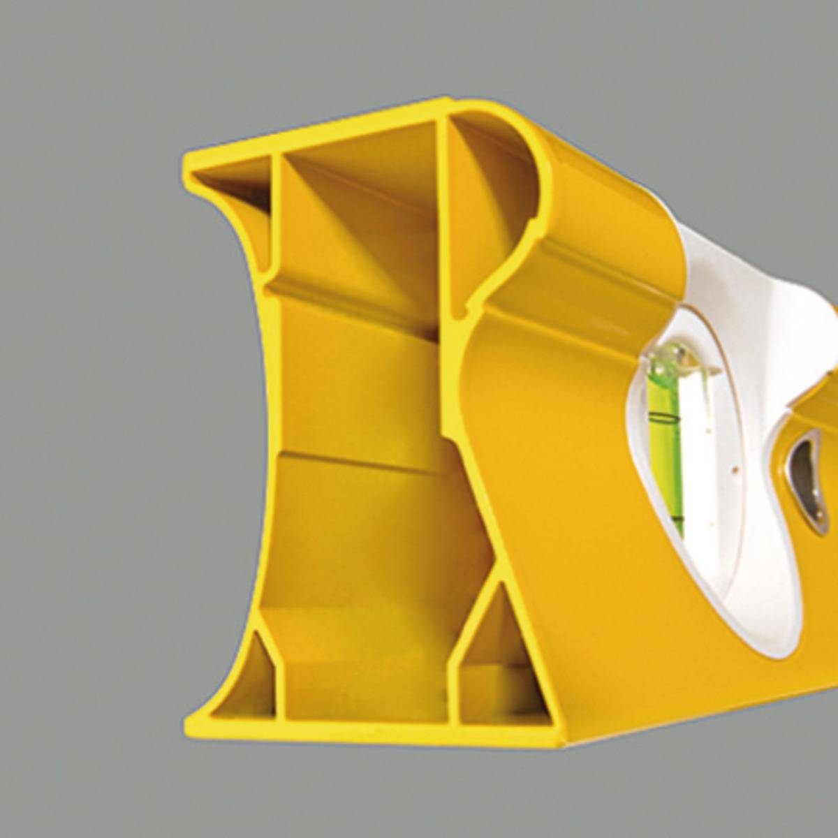 A yellow tool with a rectangular cross-section, transparent section and liquid level indicator, presumably a spirit level.