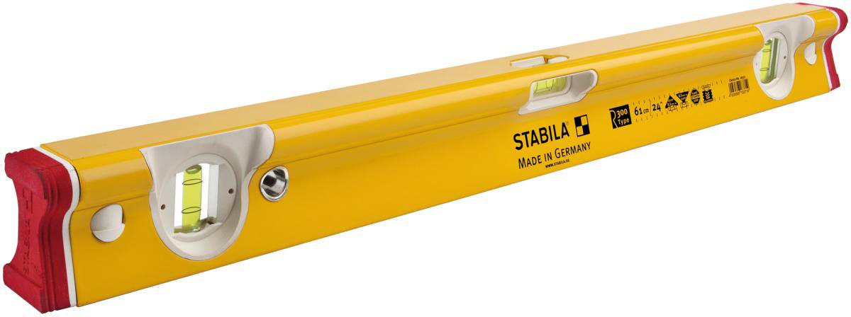 Spirit level made of yellow plastic with two integrated vial bubbles for measuring horizontal and vertical alignment. Brand name visible.