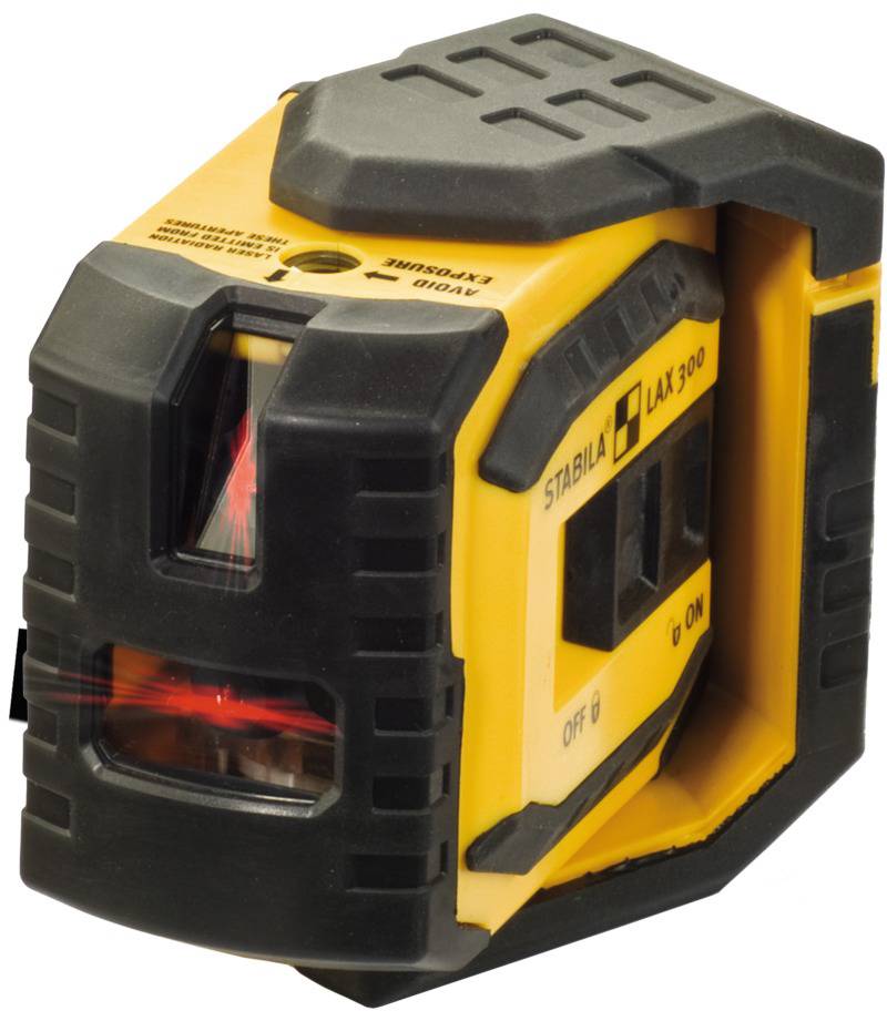 A yellow and black cross-line laser with brand logo, model designation, and control buttons visible. Used in construction projects for alignment.