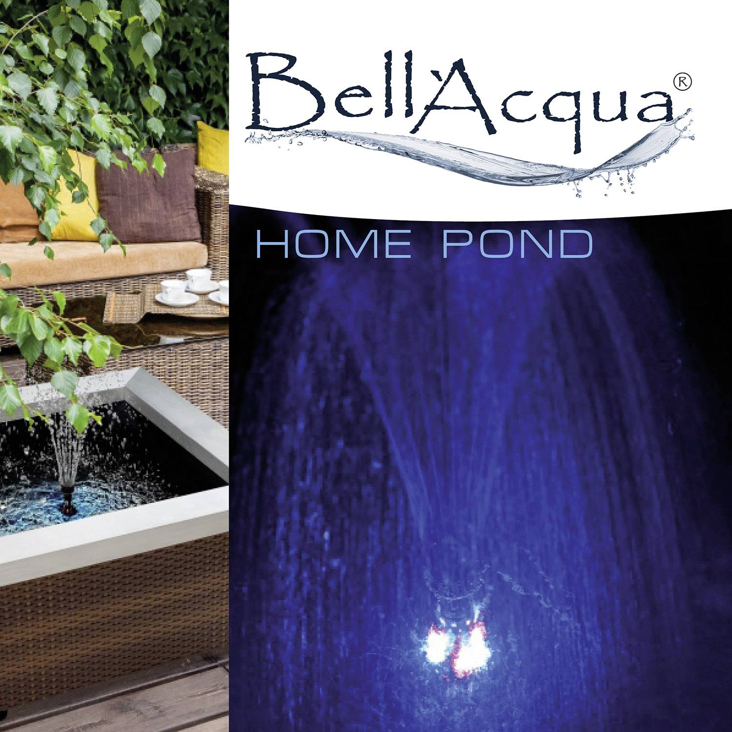'BellAqua Home Pond' lettering with a waterfall image in the background. A decorative seating area with plants is located in the top left.