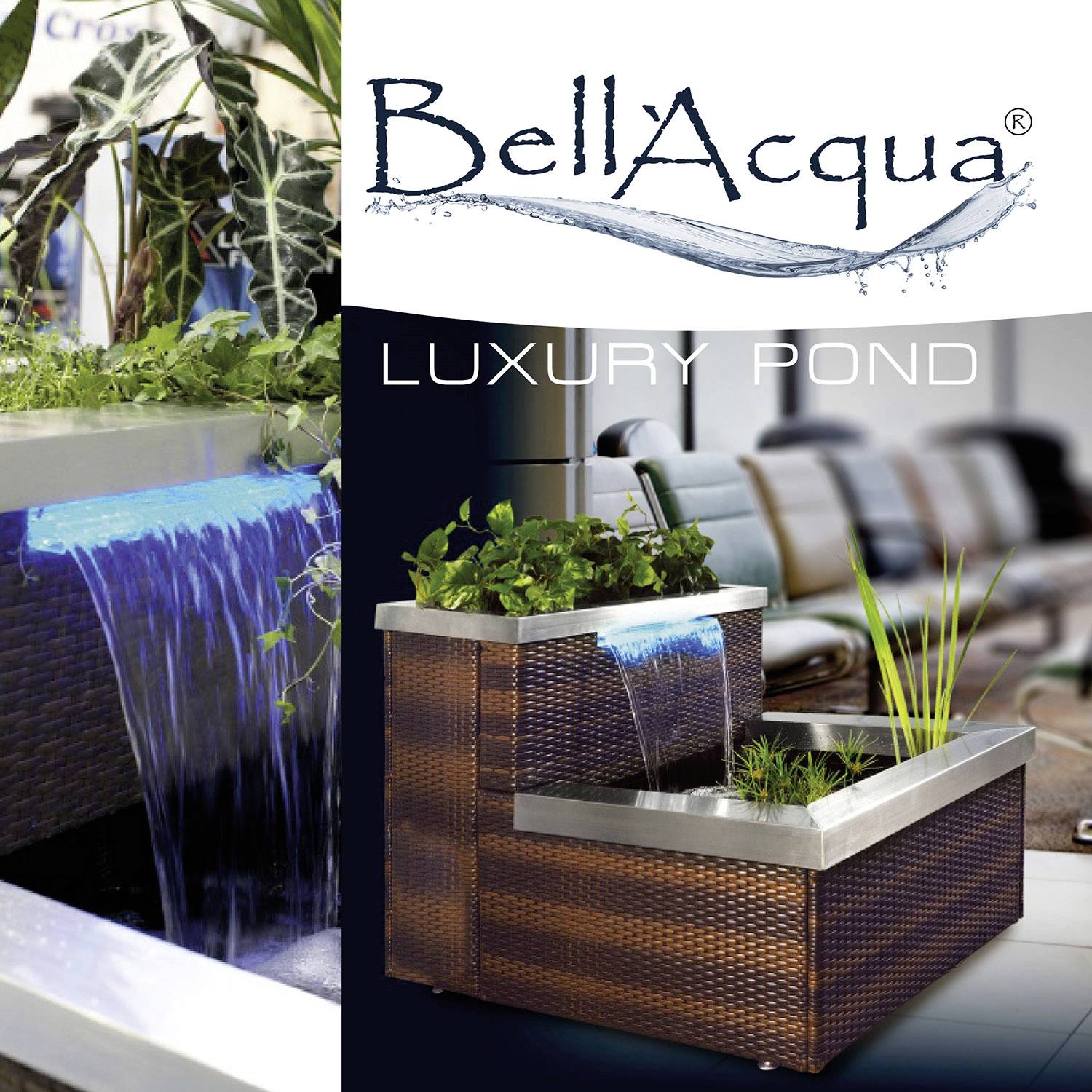 Beige and brown luxury indoor water feature made of wood and metal, surrounded by plants, with the text 'BellAcqua Luxury Pond'.