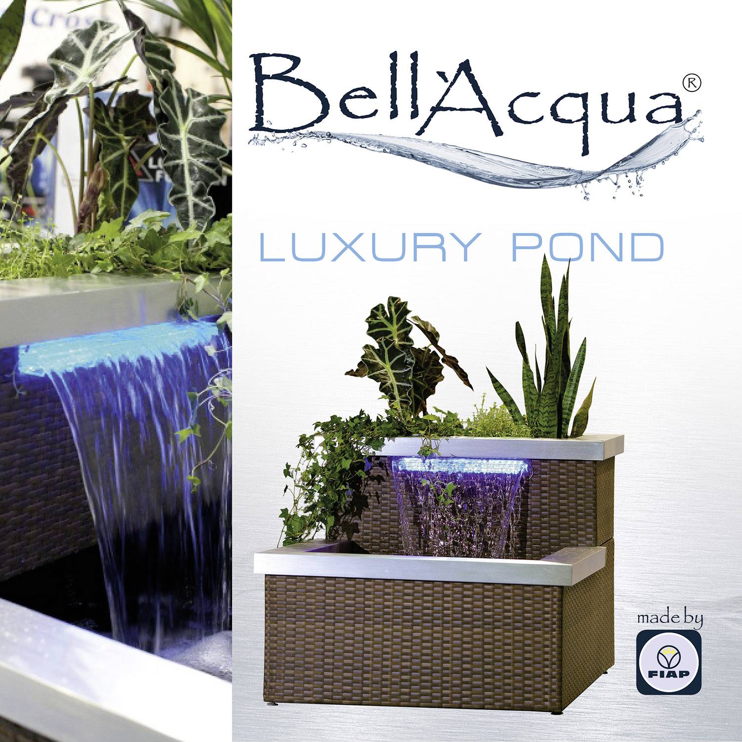 'BellAqua Luxury Pond' showcases an elegant waterfall with plants in a decorative water trough, perfect for stylish outdoor spaces.