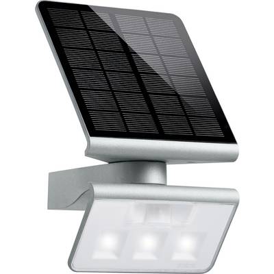 Silver solar lamp with a rectangular solar panel on top and three LED lights arranged underneath, suitable for wall mounting.