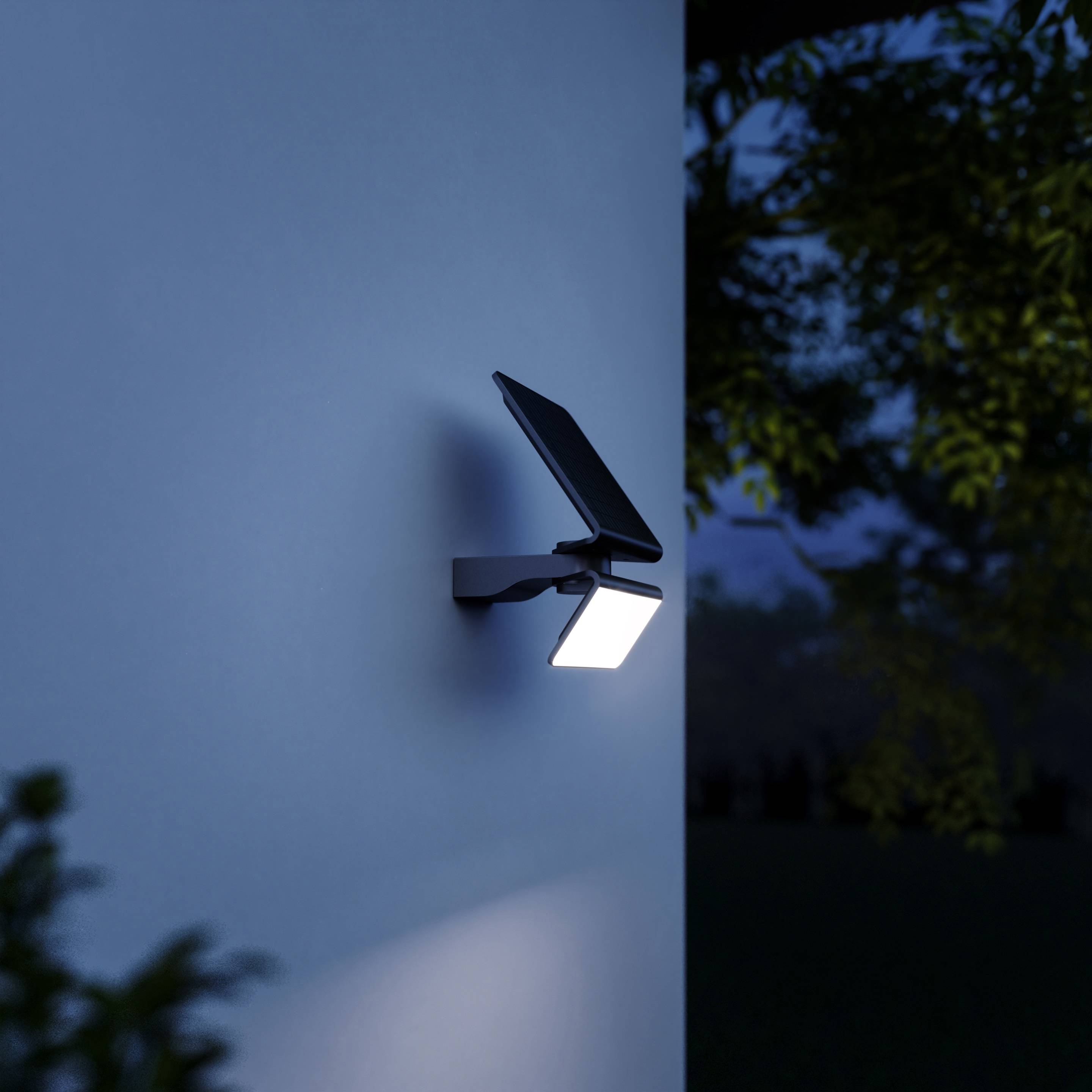 Wall light with solar panel illuminates a house wall in the dark. Trees visible in the background, evening atmosphere.