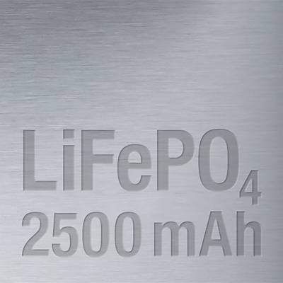 'LiFePO4 2500 mAh' in large letters on a metallic surface.