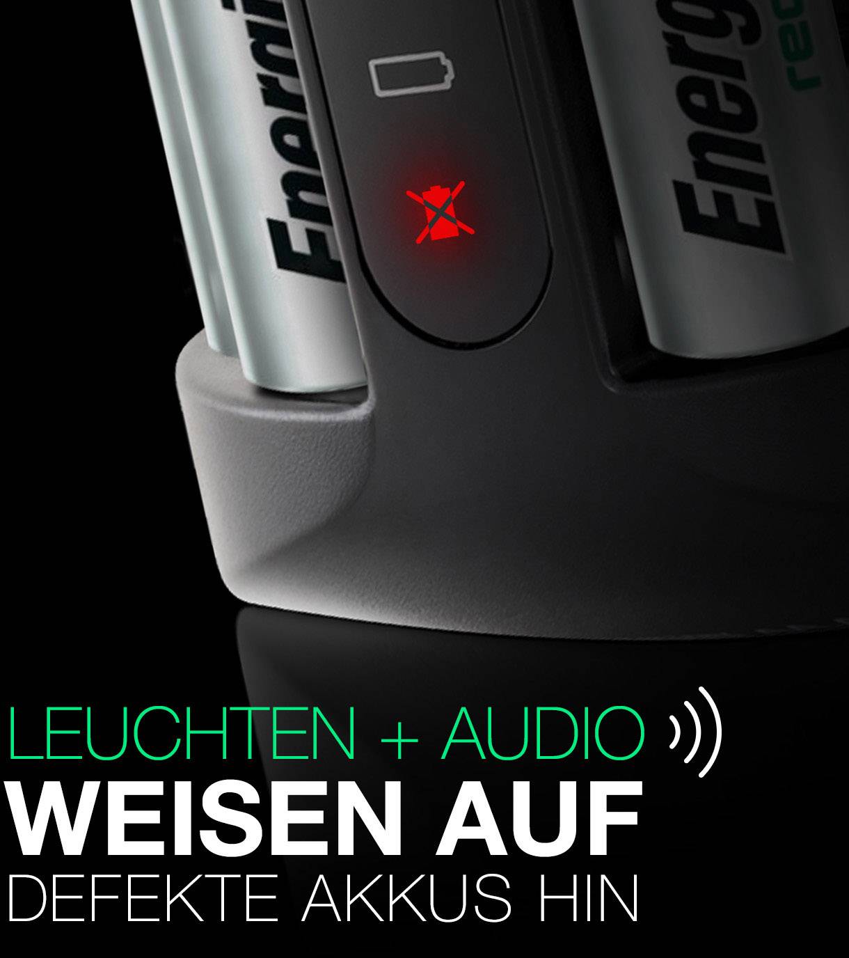 Red indicator shows faulty batteries, surrounded by batteries placed in the charger. Text: 'Lights + Audio indicate defective batteries.'