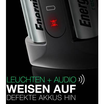 Red indicator shows faulty batteries, surrounded by batteries placed in the charger. Text: 'Lights + Audio indicate defective batteries.'