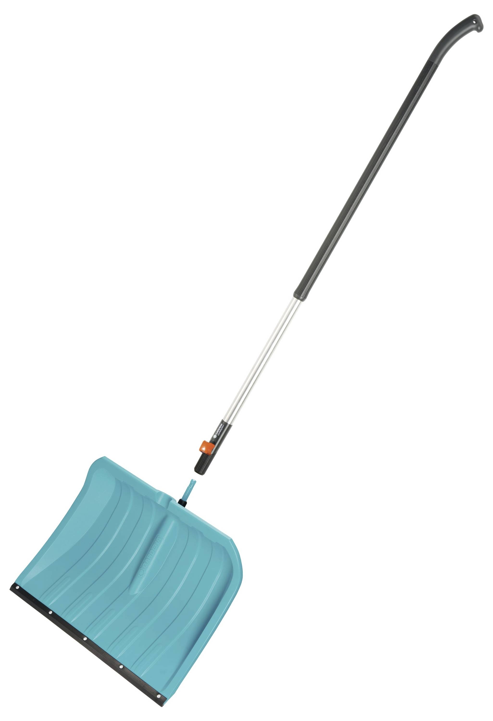 Snow shovel with a blue plastic blade and long black handle, suitable for clearing snow from pavements or driveways.