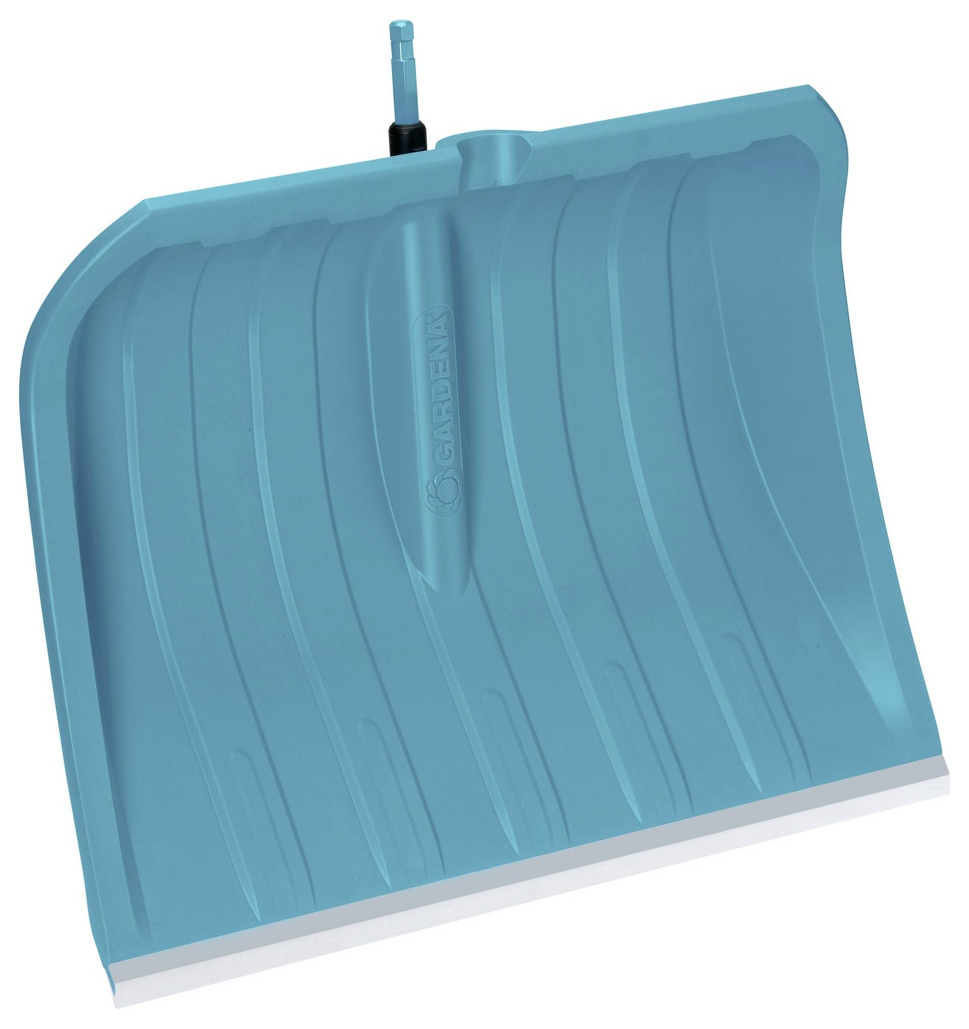 A blue snow shovel with a ribbed blade and metal runner, manufactured by a German branded manufacturer.