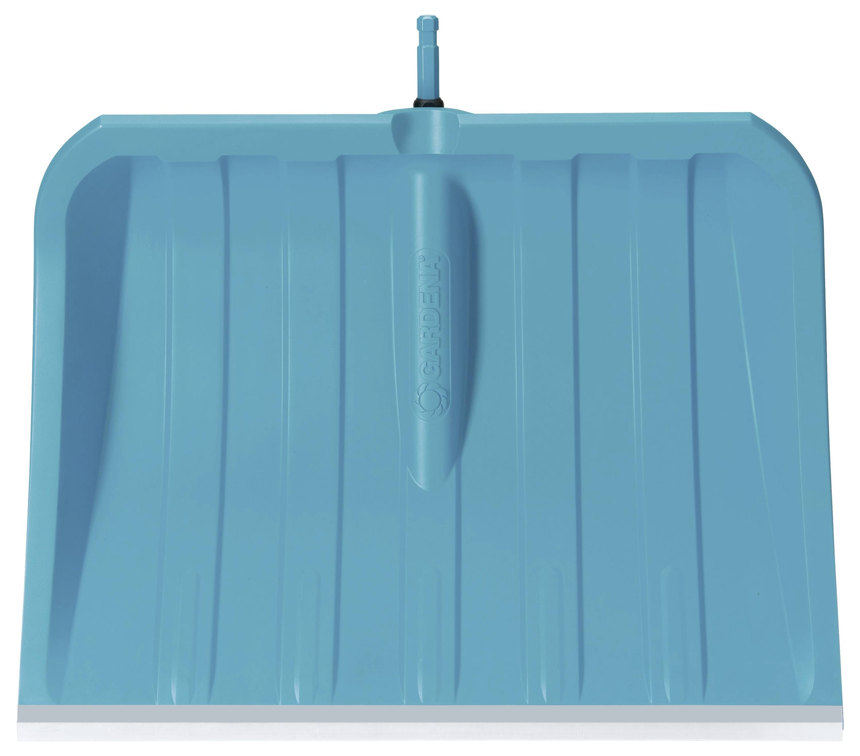 A blue snow shovel with a ribbed surface and a handle attachment at the top, ready for a handle to be fitted.