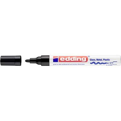 Edding permanent marker with black chisel tip; label reads Glass, Metal, Plastic, indicating use on multiple surfaces.