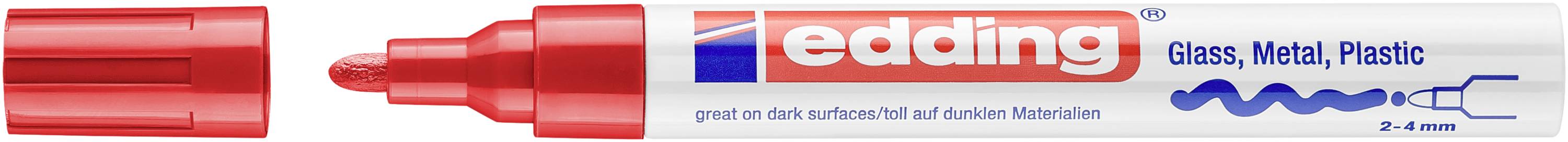 Red Edding 2-4 mm permanent marker with cap removed, labeled for glass, metal, and plastic.