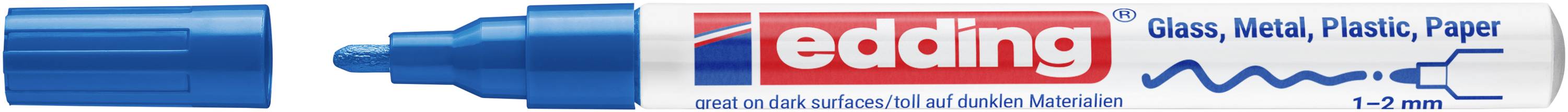 Blue Edding marker pen with cap removed, labeled for glass, metal, plastic, and paper; shown as a product image.<br>