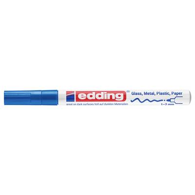 Blue Edding marker pen with logo and text: Glass, Metal, Plastic, Paper; great on dark surfaces; 1–2 mm line width.