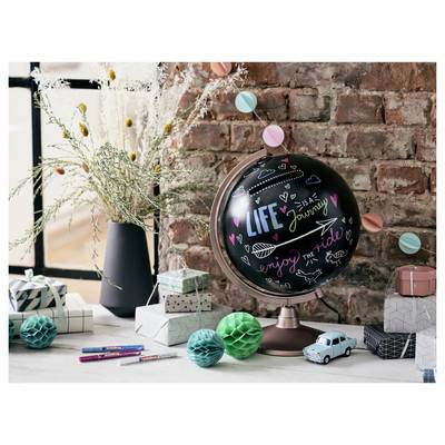Decorated chalkboard globe on a stand with colorful doodles and the words 'LIFE journey enjoy the ride', surrounded by gift boxes, flowers, pencils, and toy cars on a table.<br>