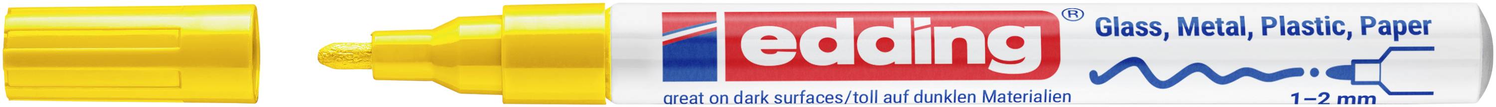 Edding 4200 permanent marker shown with cap and tip, labeled for glass, metal, plastic and paper, in yellow.