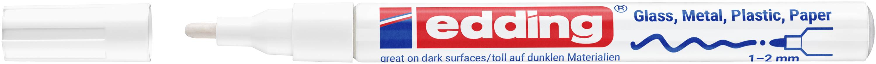 Edding marker packaging labeled 'Glass, Metal, Plastic, Paper' with a blue line indicating 1-2 mm tip.