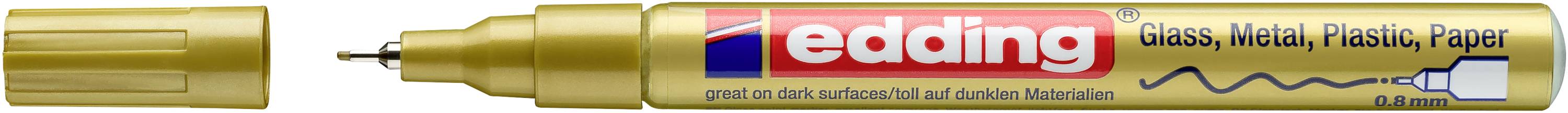 Gold marker pen with cap, labeled edding, for glass, metal, plastic, and paper.