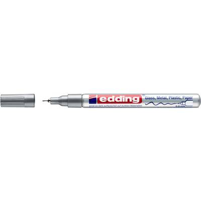 A metallic pen-style tool with a transparent barrel labeled 'edding' and the words 'Glass, Metal, Plastic, Paper' on the side.<br>