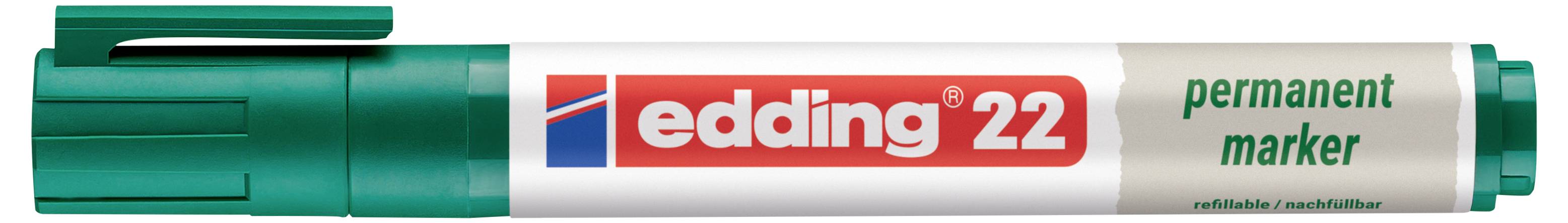 Green and white Edding 22 permanent marker pen with cap, labeled 'edding 22' and 'permanent marker'.