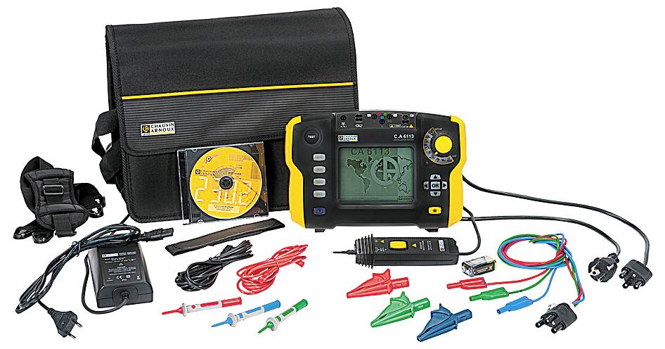 A multimedia measuring device set displays a digital screen. Accessories such as cables, charger, and carrying case are included.