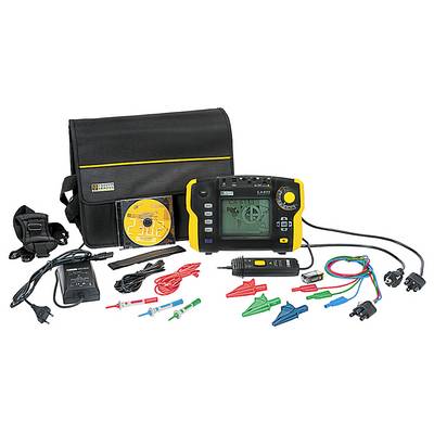 A multimedia measuring device set displays a digital screen. Accessories such as cables, charger, and carrying case are included.