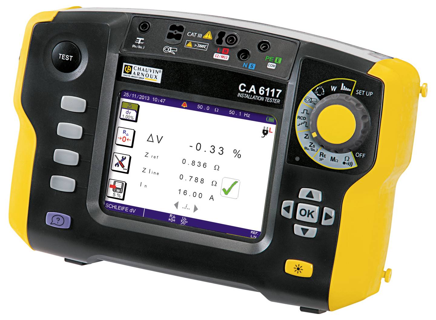 A yellow and black installation measurement device with a display shows important measured values and symbols for electrical safety tests.