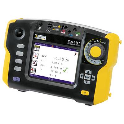 A yellow and black installation measurement device with a display shows important measured values and symbols for electrical safety tests.