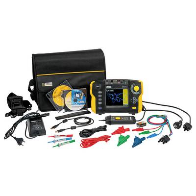 Portable testing device with a screen, multiple cables and accessories for electrical equipment testing, alongside a carry case.