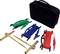 An electric fence earthing kit: contains three cables in green, blue and red, two earthing stakes and a carry case.