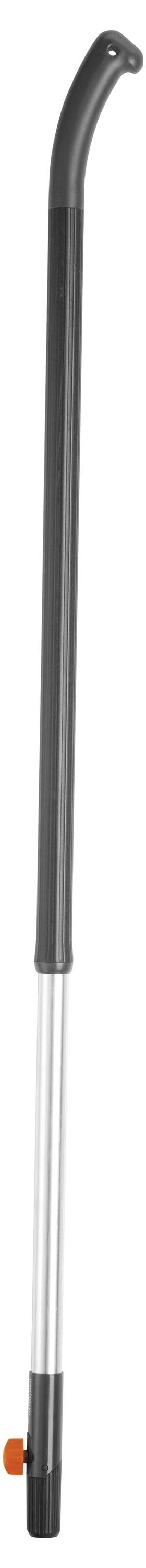 A black, curved handle and a silver, long rod with an orange button at the end. Possibly a hand tool.