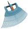 Blue leaf rake with a black handle and orange locking mechanism, for collecting leaves and garden waste.