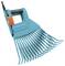 A blue, folding rake with a black handle and orange locking button, suitable for garden work.