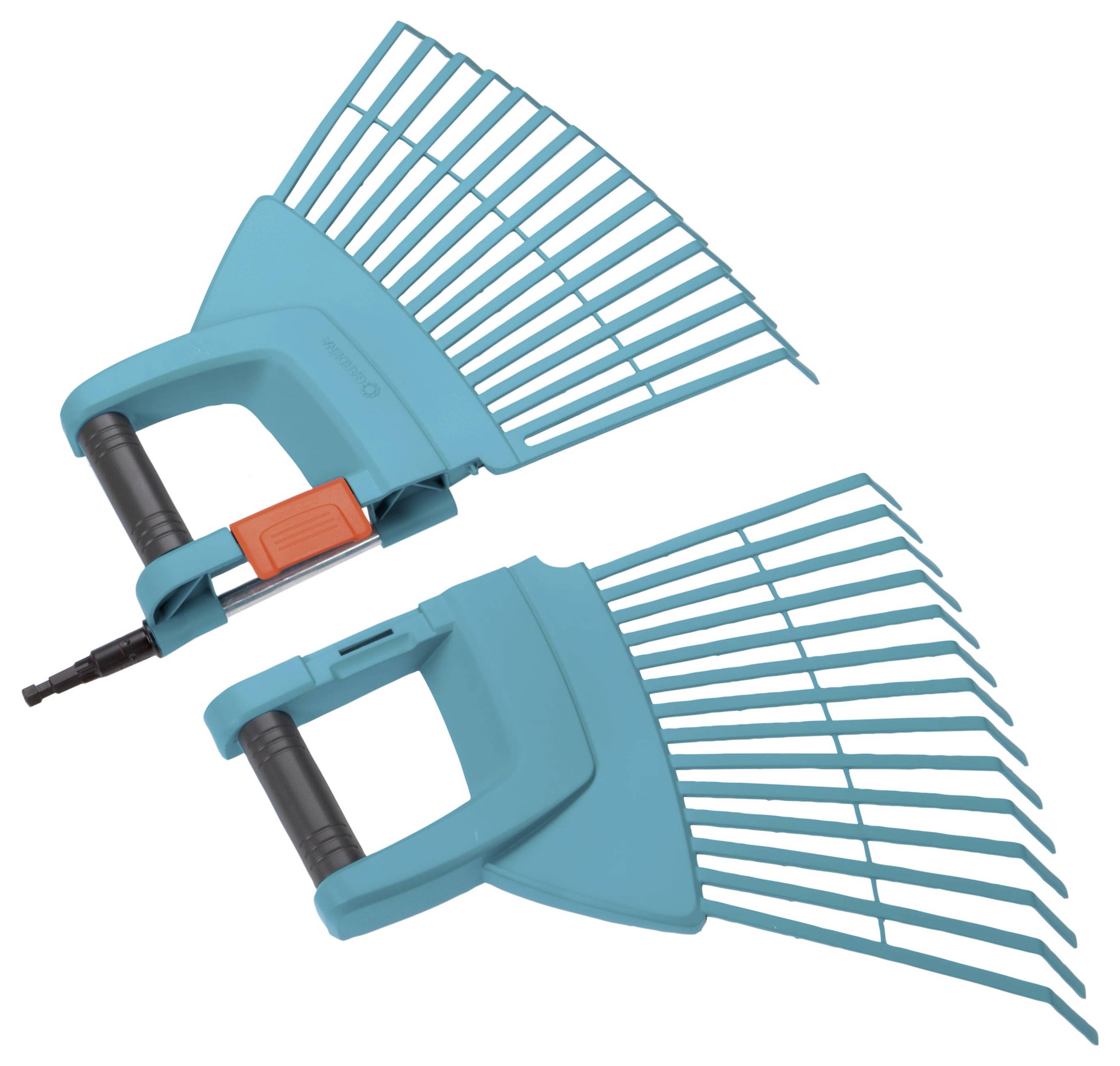 Two blue garden rakes with black handles on a white background. One rake has a red locking mechanism.