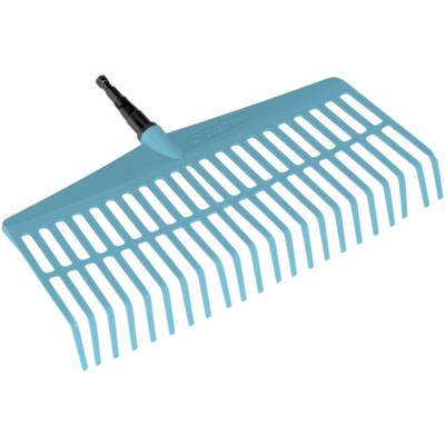 Light blue plastic lawn rake with wide tines and a black handle grip. Suitable for removing leaves from the lawn.